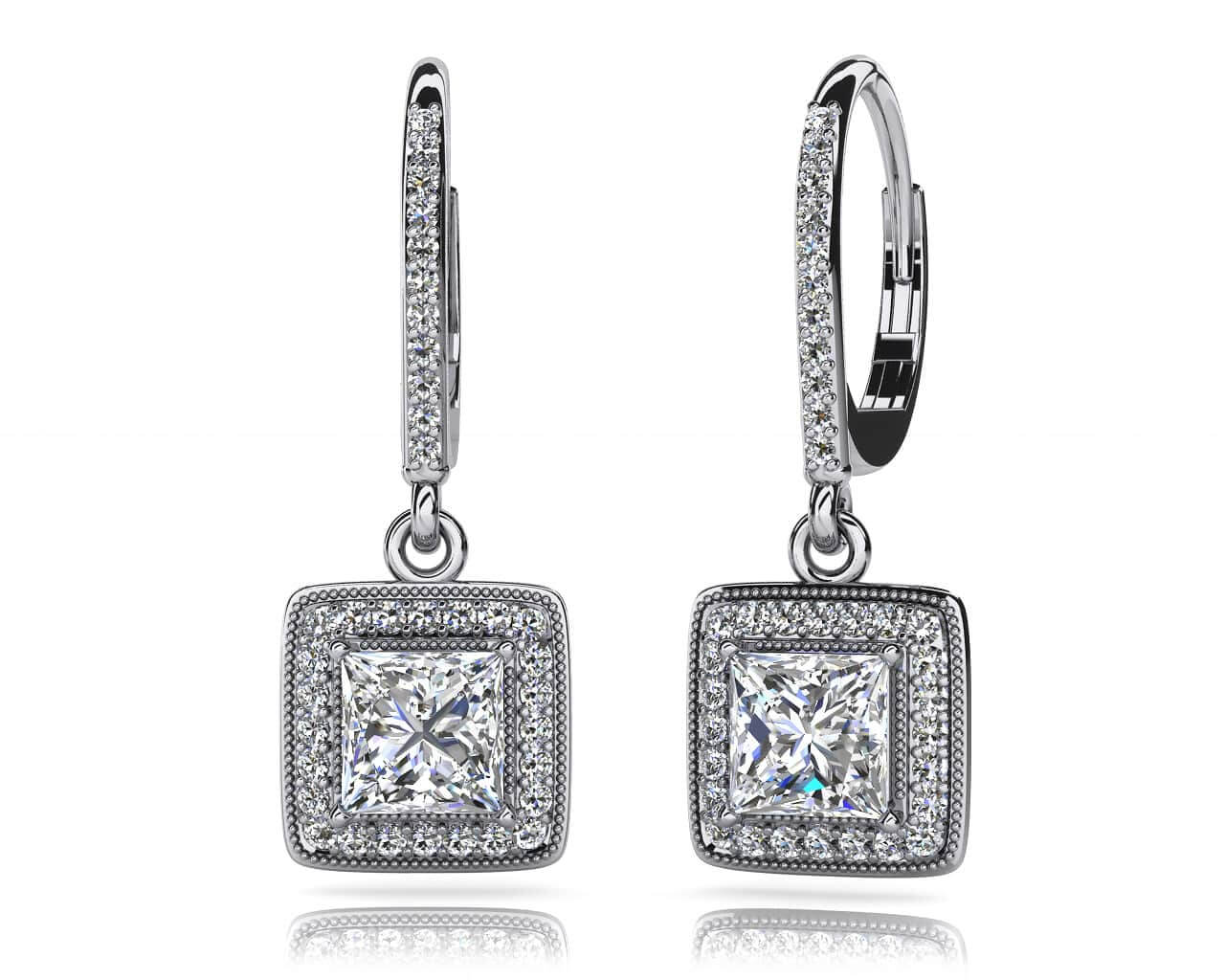 Milgrain Princess Cut Diamond Drop Earrings Diamond with 0.67 ct. (2X0.16 ct. center diamonds)